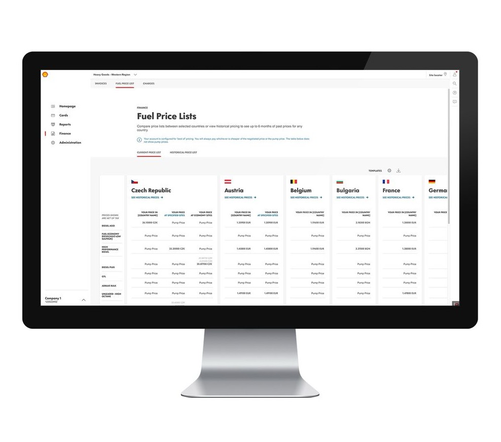 An illustrative screenshot of a dashboard that lists fuel price lists in different regions for comparison
